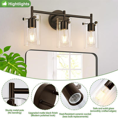 Cylindre en verre métallique industriel contemporain 3 lumières applique murale lampe pour salle de bain 