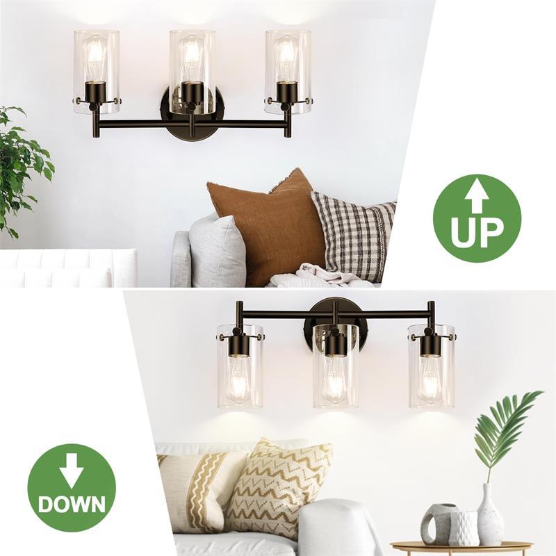 Zeitgenössische industrielle Metallglaszylinder 3-Licht-Wandlampe Schminklicht für Badezimmer 