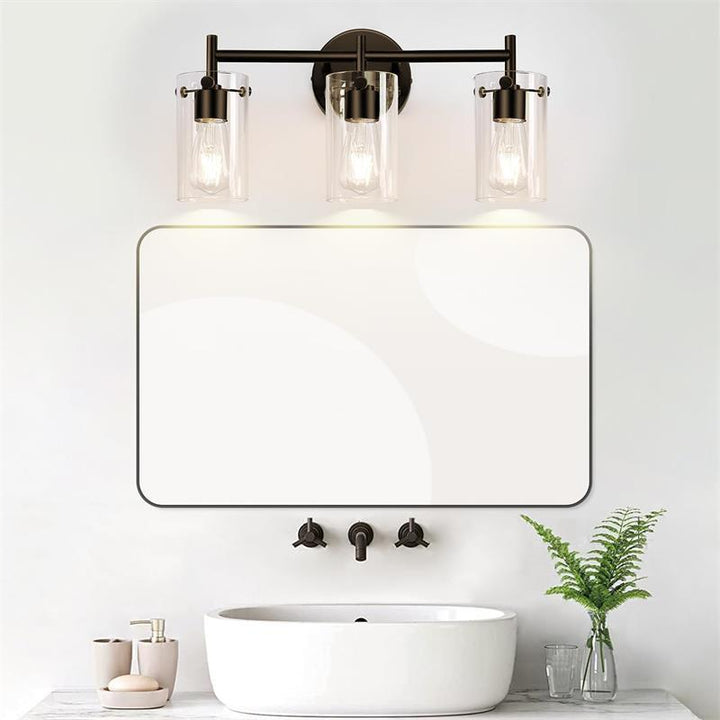 Zeitgenössische industrielle Metallglaszylinder 3-Licht-Wandlampe Schminklicht für Badezimmer 