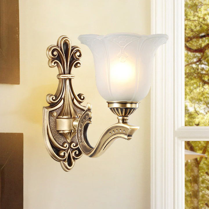 Applique Murale Traditionnelle Européenne en Verre et Cuivre avec Cloche Florale 1/2 Lumière pour Chevet 