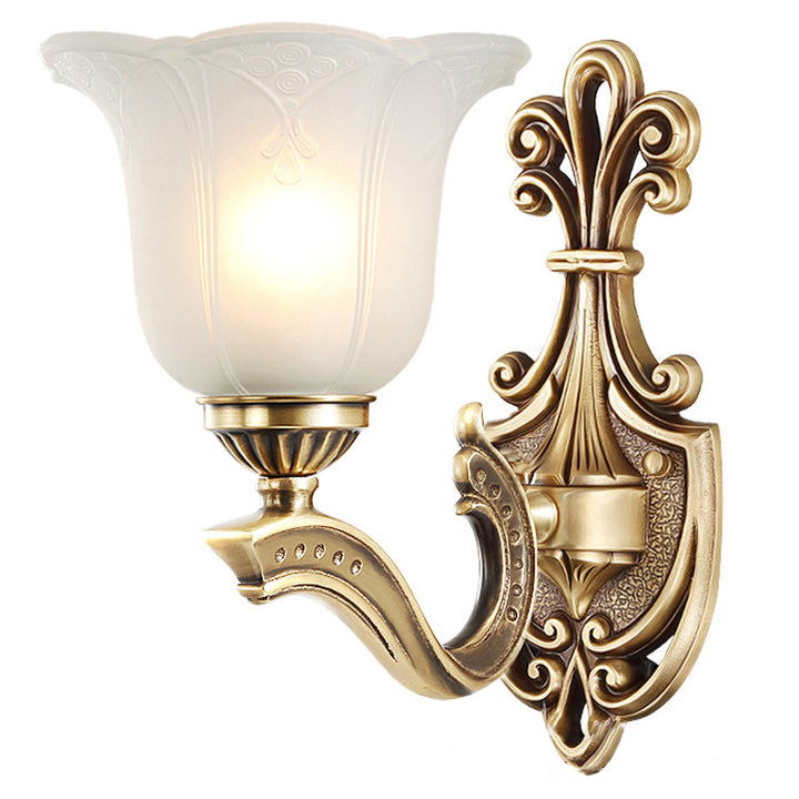 Applique Murale Traditionnelle Européenne en Verre et Cuivre avec Cloche Florale 1/2 Lumière pour Chevet 