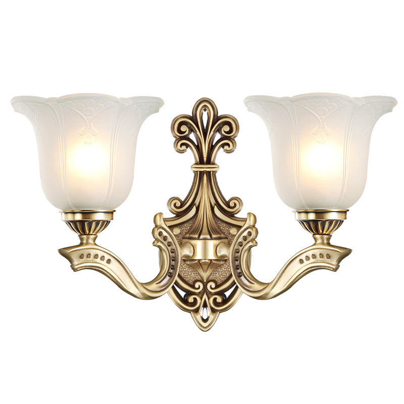 Applique Murale Traditionnelle Européenne en Verre et Cuivre avec Cloche Florale 1/2 Lumière pour Chevet 