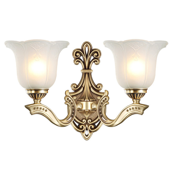 Applique Murale Traditionnelle Européenne en Verre et Cuivre avec Cloche Florale 1/2 Lumière pour Chevet 