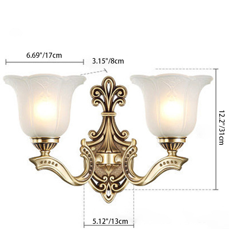Applique Murale Traditionnelle Européenne en Verre et Cuivre avec Cloche Florale 1/2 Lumière pour Chevet 