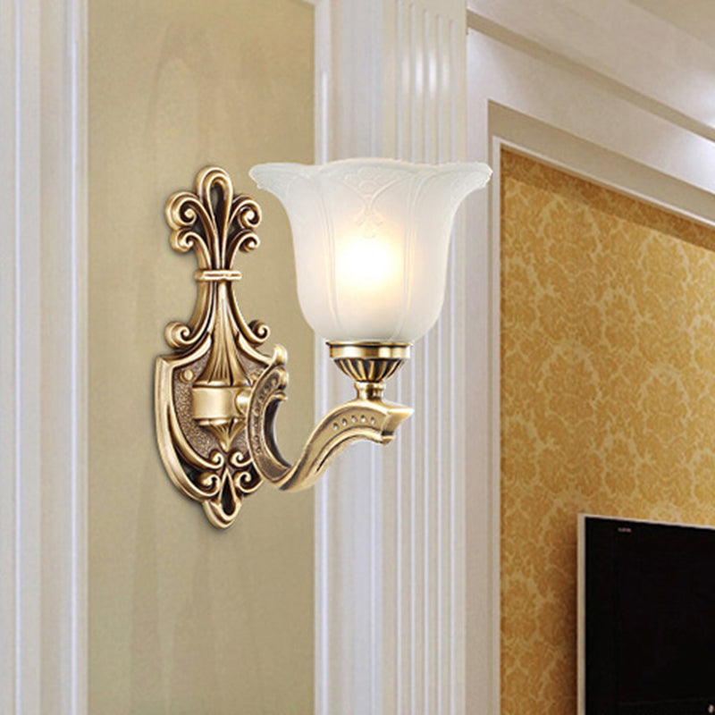 Traditional European Copper Glass Hardware Bell Floral 1/2 Light Wall Sconce Lamp For Bedside