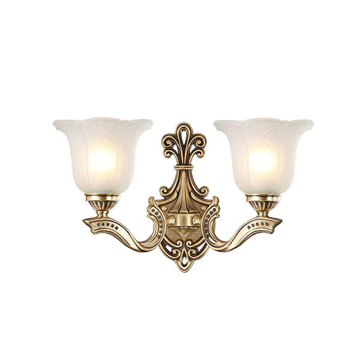 Applique Murale Traditionnelle Européenne en Verre et Cuivre avec Cloche Florale 1/2 Lumière pour Chevet 