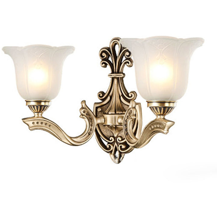 Applique Murale Traditionnelle Européenne en Verre et Cuivre avec Cloche Florale 1/2 Lumière pour Chevet 