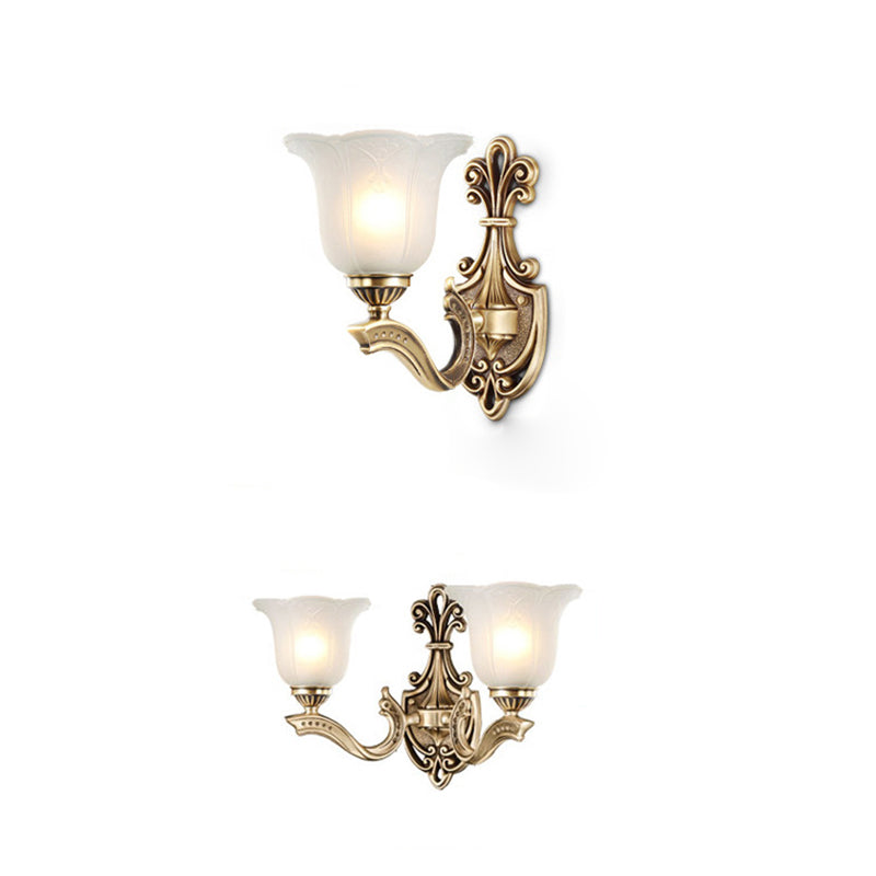 Applique Murale Traditionnelle Européenne en Verre et Cuivre avec Cloche Florale 1/2 Lumière pour Chevet 