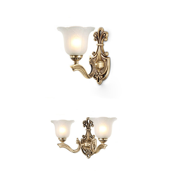 Applique Murale Traditionnelle Européenne en Verre et Cuivre avec Cloche Florale 1/2 Lumière pour Chevet 