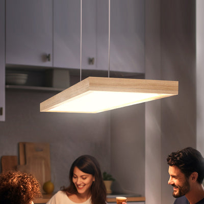 Zeitgenössische nordische Holz-Acryl-Rechteck-LED-Kronleuchter für das Esszimmer 