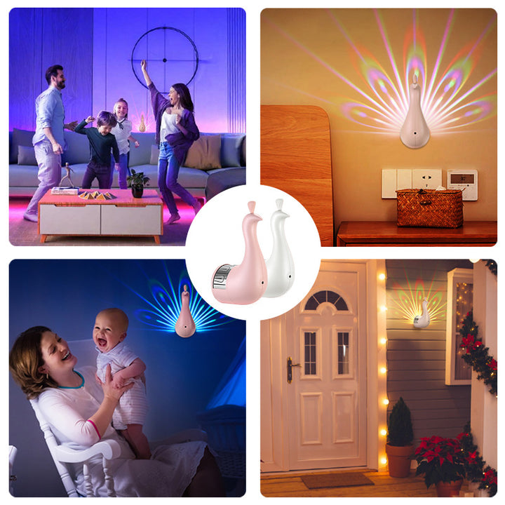 Zeitgenössische kreative wiederaufladbare ABS-Silica-Eisen-Pfauen-Projektions-LED-Wandleuchte Nachttischlampe für das Schlafzimmer 