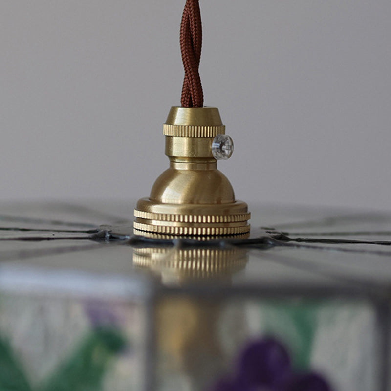 Zeitgenössische Retro Messing Glas Zylinder Handbemalte Blumenblatt 1-Licht Pendelleuchte für Esszimmer 