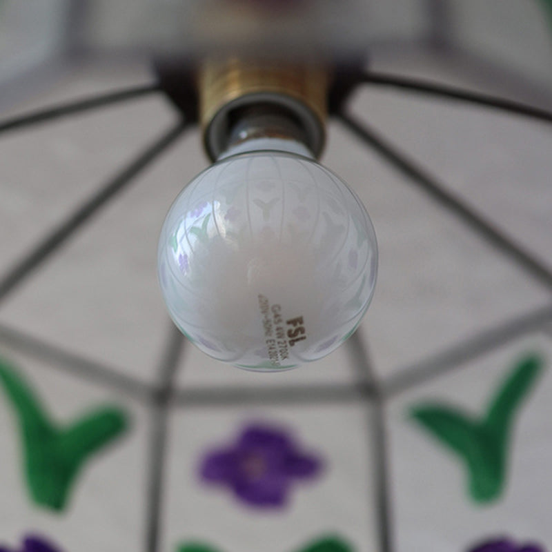 Zeitgenössische Retro Messing Glas Zylinder Handbemalte Blumenblatt 1-Licht Pendelleuchte für Esszimmer 