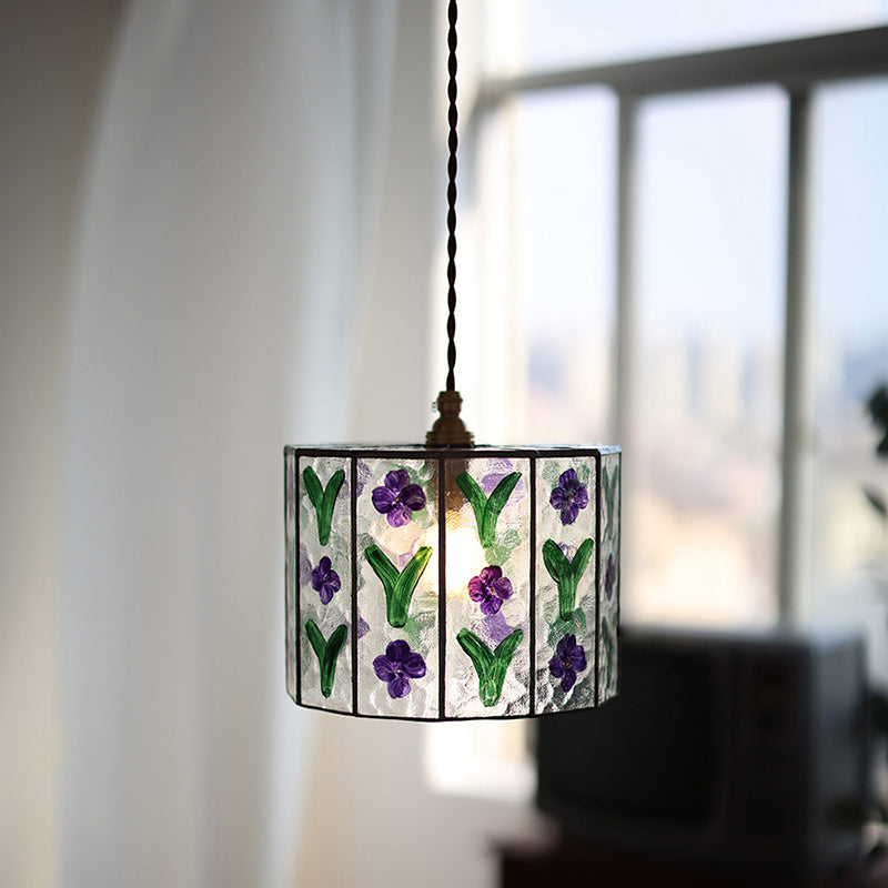 Zeitgenössische Retro Messing Glas Zylinder Handbemalte Blumenblatt 1-Licht Pendelleuchte für Esszimmer 