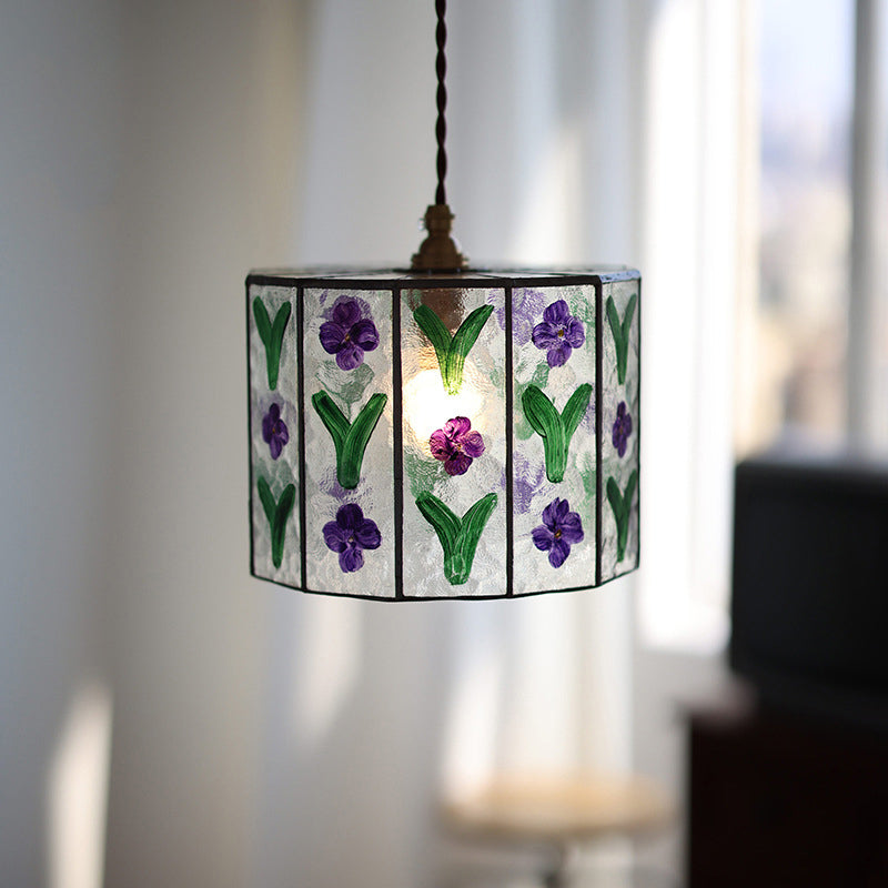 Zeitgenössische Retro Messing Glas Zylinder Handbemalte Blumenblatt 1-Licht Pendelleuchte für Esszimmer 