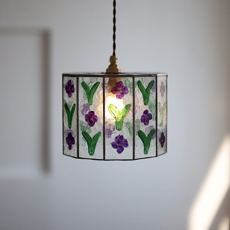 Zeitgenössische Retro Messing Glas Zylinder Handbemalte Blumenblatt 1-Licht Pendelleuchte für Esszimmer 