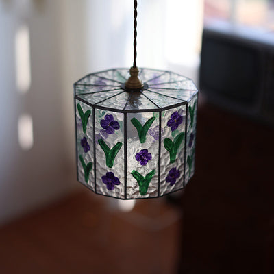 Zeitgenössische Retro Messing Glas Zylinder Handbemalte Blumenblatt 1-Licht Pendelleuchte für Esszimmer 