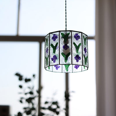 Zeitgenössische Retro Messing Glas Zylinder Handbemalte Blumenblatt 1-Licht Pendelleuchte für Esszimmer 