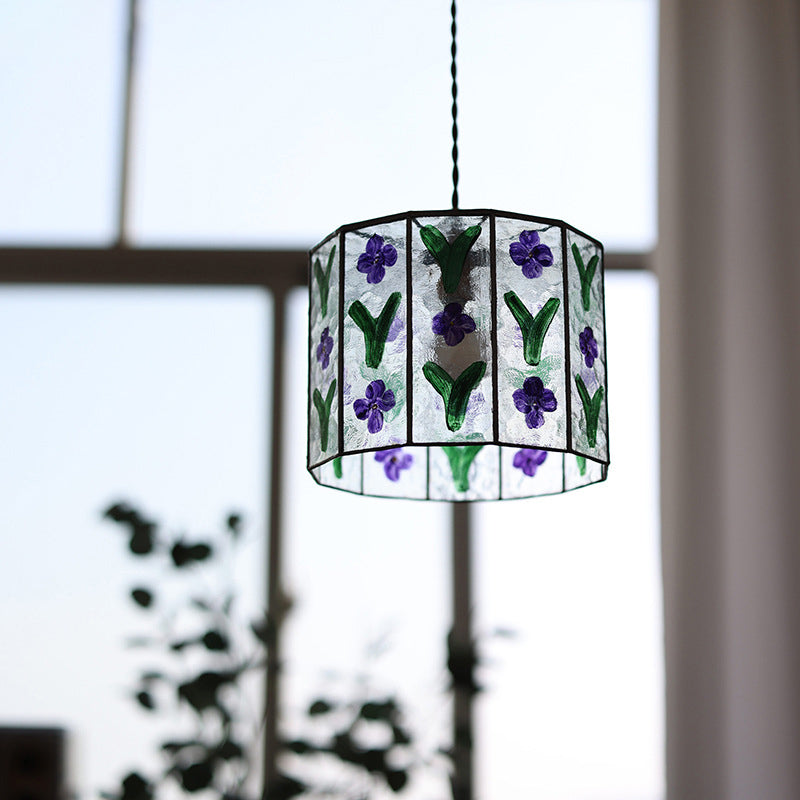Zeitgenössische Retro Messing Glas Zylinder Handbemalte Blumenblatt 1-Licht Pendelleuchte für Esszimmer 