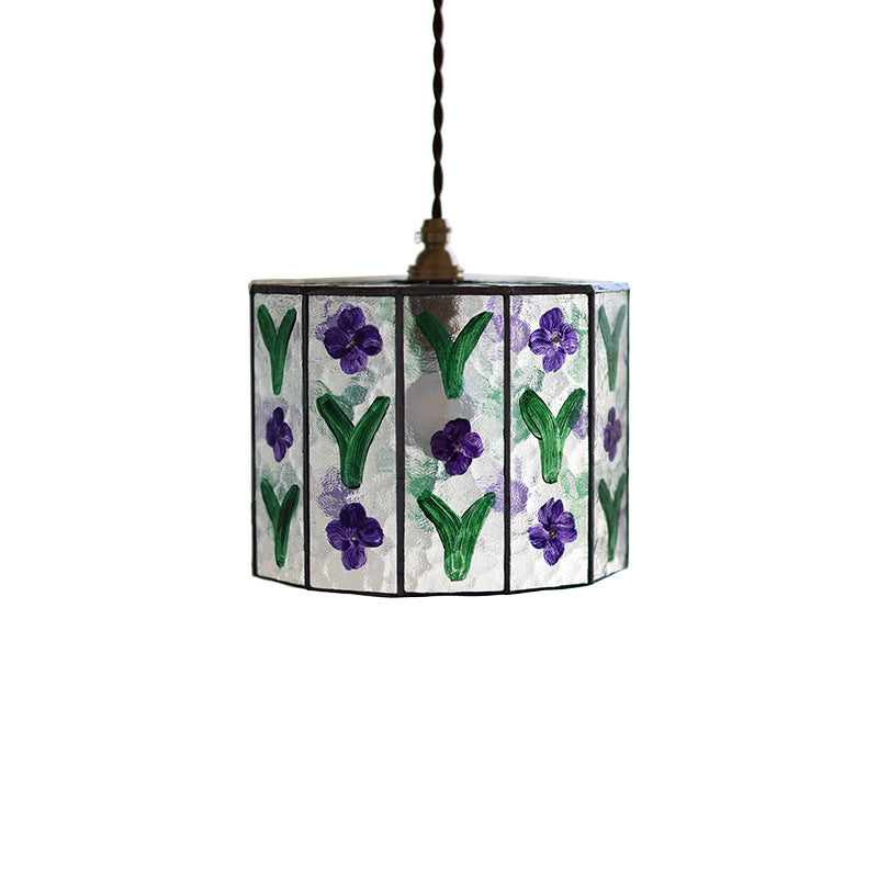 Zeitgenössische Retro Messing Glas Zylinder Handbemalte Blumenblatt 1-Licht Pendelleuchte für Esszimmer 