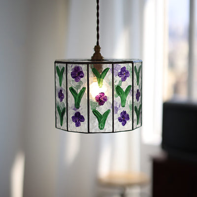 Zeitgenössische Retro Messing Glas Zylinder Handbemalte Blumenblatt 1-Licht Pendelleuchte für Esszimmer 