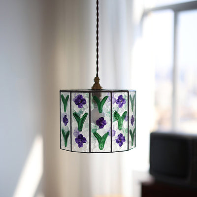 Zeitgenössische Retro Messing Glas Zylinder Handbemalte Blumenblatt 1-Licht Pendelleuchte für Esszimmer 