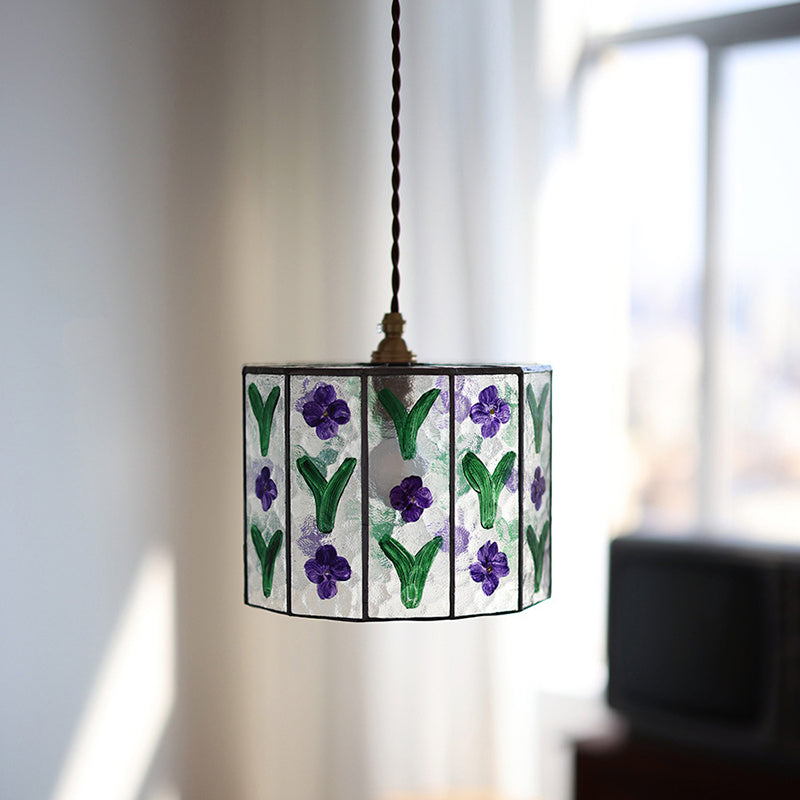 Zeitgenössische Retro Messing Glas Zylinder Handbemalte Blumenblatt 1-Licht Pendelleuchte für Esszimmer 