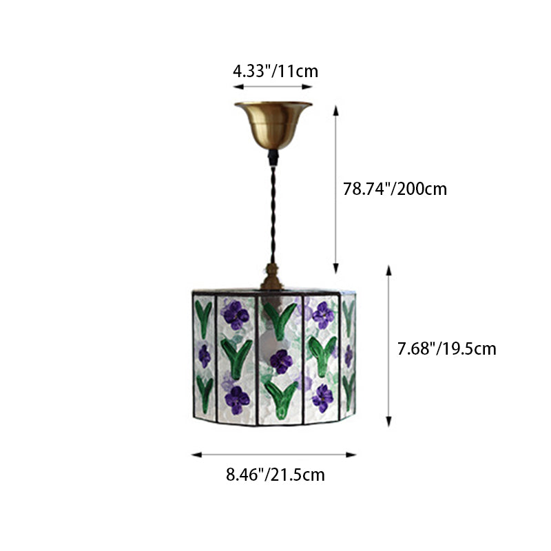 Zeitgenössische Retro Messing Glas Zylinder Handbemalte Blumenblatt 1-Licht Pendelleuchte für Esszimmer 