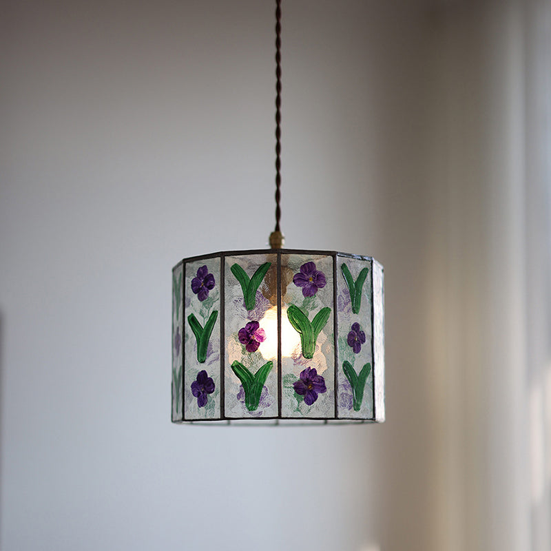 Zeitgenössische Retro Messing Glas Zylinder Handbemalte Blumenblatt 1-Licht Pendelleuchte für Esszimmer 
