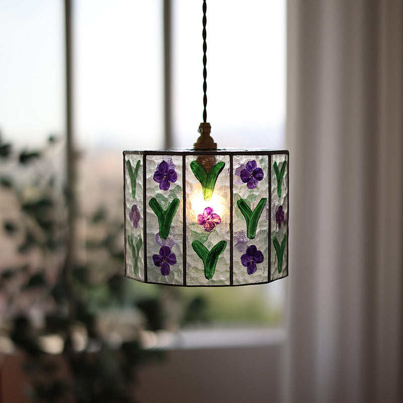 Zeitgenössische Retro Messing Glas Zylinder Handbemalte Blumenblatt 1-Licht Pendelleuchte für Esszimmer 