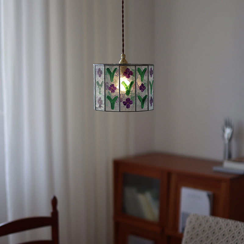 Zeitgenössische Retro Messing Glas Zylinder Handbemalte Blumenblatt 1-Licht Pendelleuchte für Esszimmer 