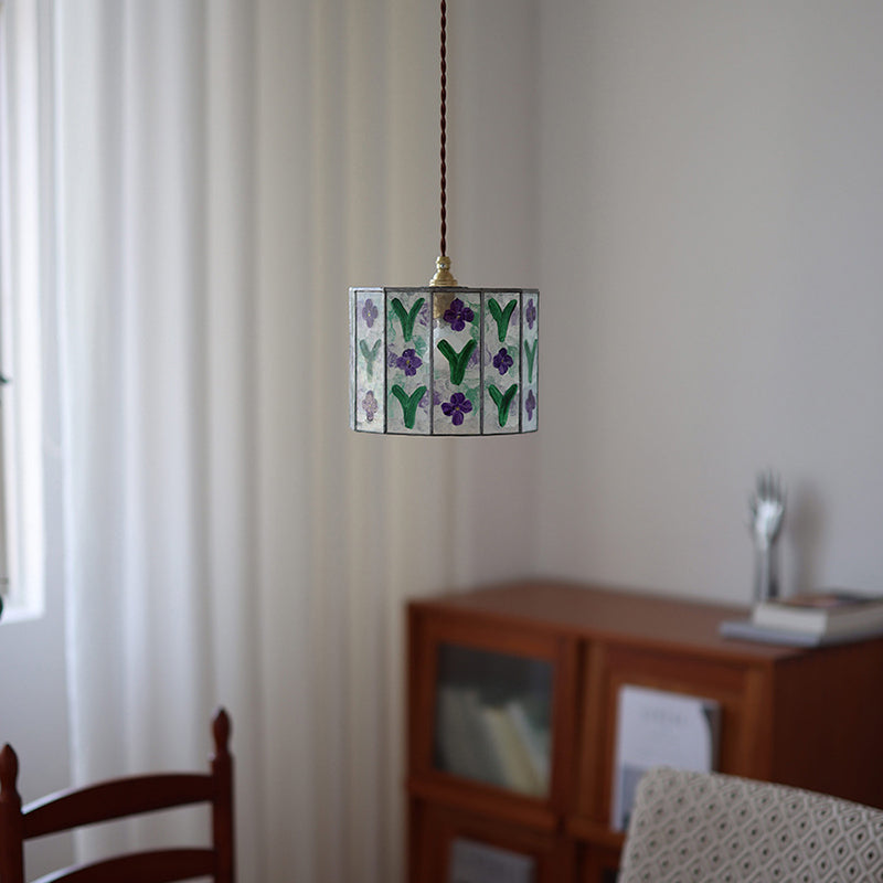 Zeitgenössische Retro Messing Glas Zylinder Handbemalte Blumenblatt 1-Licht Pendelleuchte für Esszimmer 