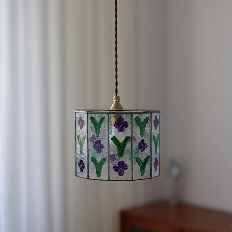 Zeitgenössische Retro Messing Glas Zylinder Handbemalte Blumenblatt 1-Licht Pendelleuchte für Esszimmer 