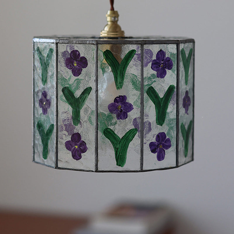 Zeitgenössische Retro Messing Glas Zylinder Handbemalte Blumenblatt 1-Licht Pendelleuchte für Esszimmer 