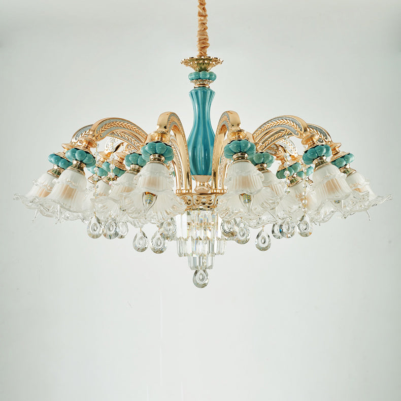 Traditional European Zinc Alloy Glass Ceramic Crystal Floral 3/6/8/10/12/15 Light Chandeliers For Living Room