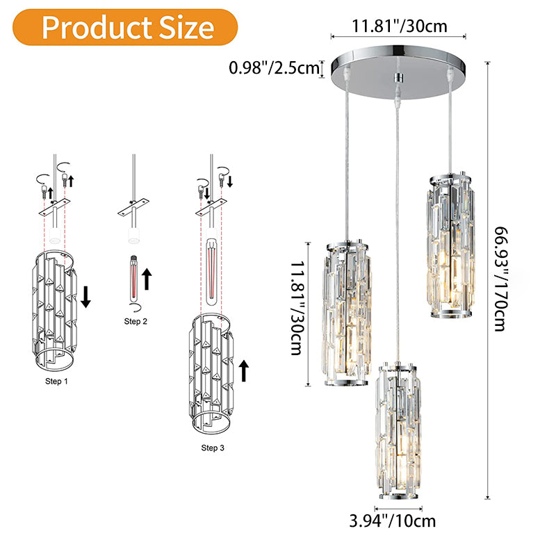 Lustre contemporain de luxe en fer et cristal en forme de cylindre, 1/3/4 lumières pour salle à manger 