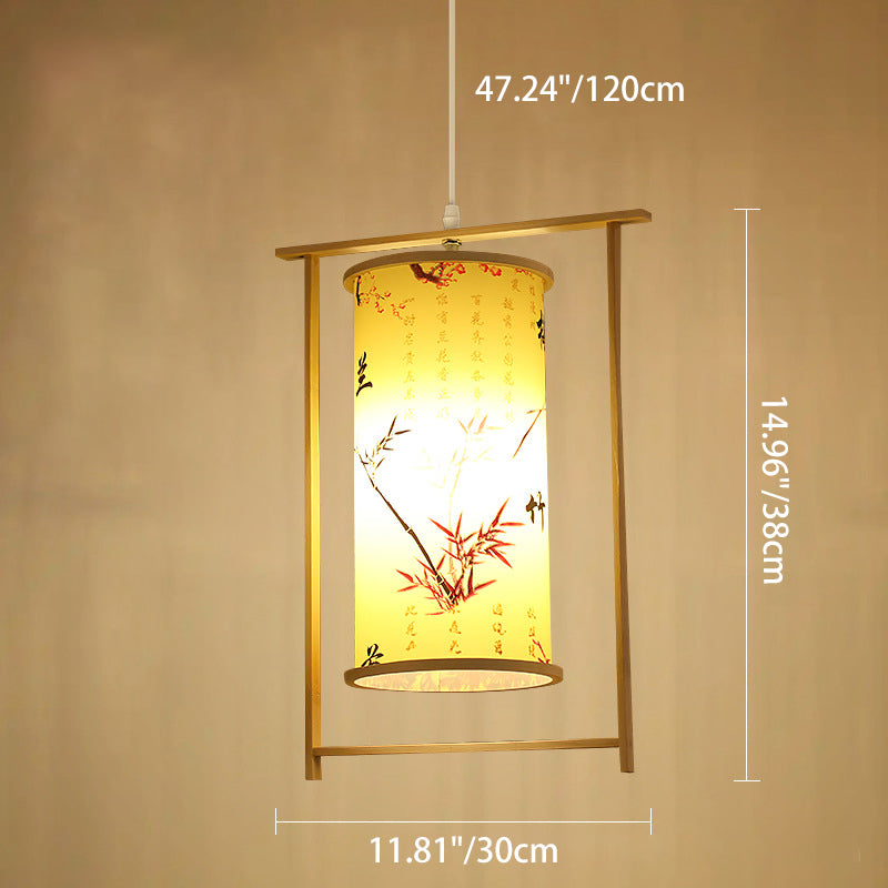 Traditionelle chinesische Bambus-PVC-Eisen-Zylinderlaterne Blumen-Vogel 1-Licht Pendelleuchte für Esszimmer 