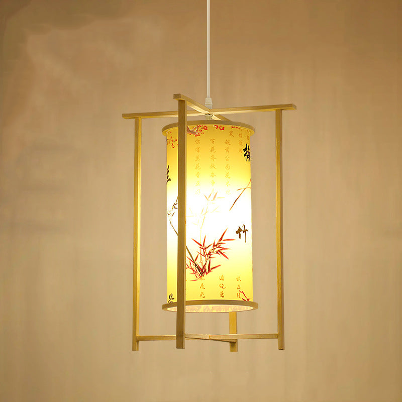 Traditionelle chinesische Bambus-PVC-Eisen-Zylinderlaterne Blumen-Vogel 1-Licht Pendelleuchte für Esszimmer 