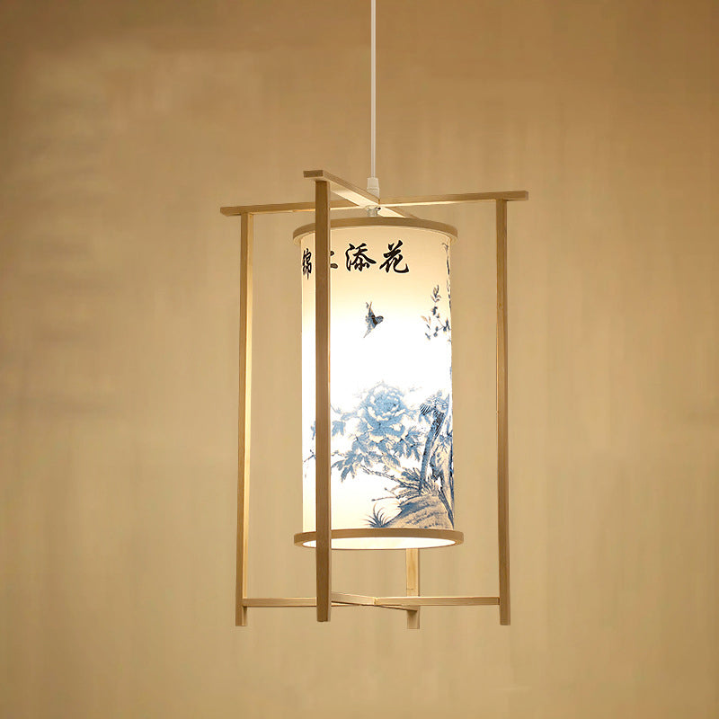 Traditionelle chinesische Bambus-PVC-Eisen-Zylinderlaterne Blumen-Vogel 1-Licht Pendelleuchte für Esszimmer 