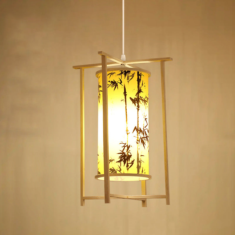 Traditionelle chinesische Bambus-PVC-Eisen-Zylinderlaterne Blumen-Vogel 1-Licht Pendelleuchte für Esszimmer 