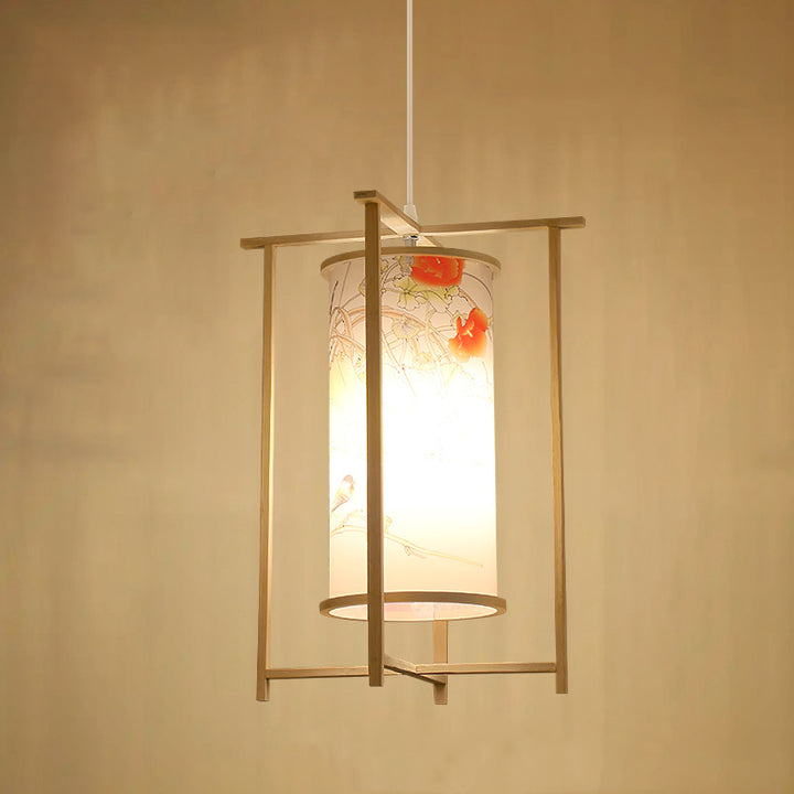 Traditionelle chinesische Bambus-PVC-Eisen-Zylinderlaterne Blumen-Vogel 1-Licht Pendelleuchte für Esszimmer 
