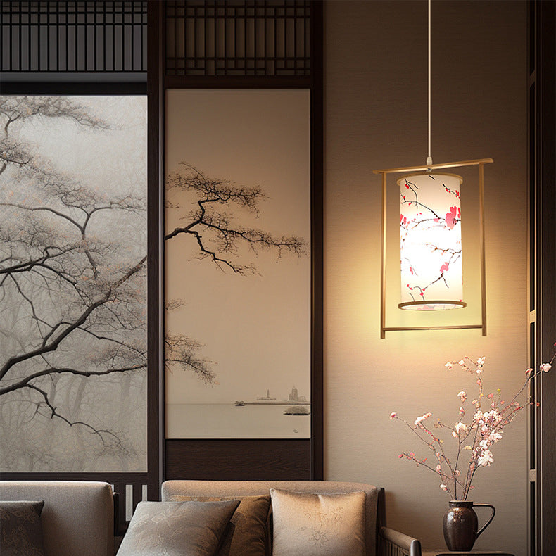 Traditionelle chinesische Bambus-PVC-Eisen-Zylinderlaterne Blumen-Vogel 1-Licht Pendelleuchte für Esszimmer 