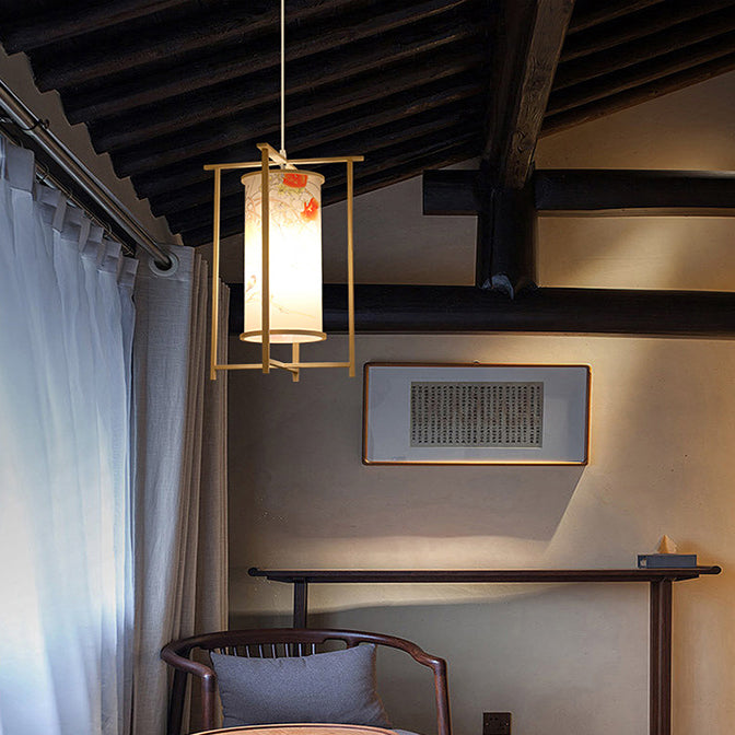 Traditionelle chinesische Bambus-PVC-Eisen-Zylinderlaterne Blumen-Vogel 1-Licht Pendelleuchte für Esszimmer 