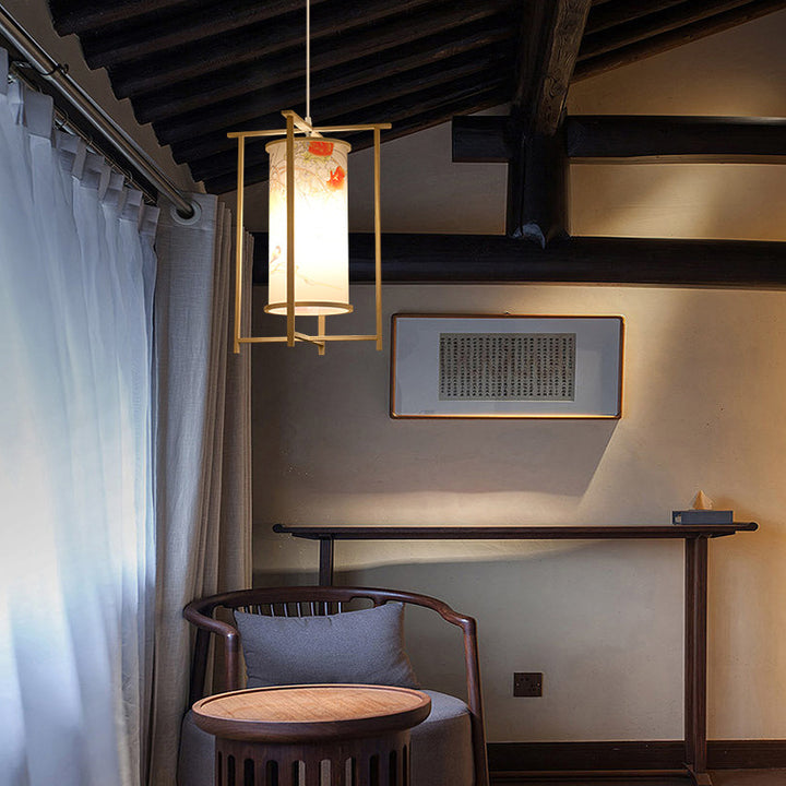 Traditionelle chinesische Bambus-PVC-Eisen-Zylinderlaterne Blumen-Vogel 1-Licht Pendelleuchte für Esszimmer 