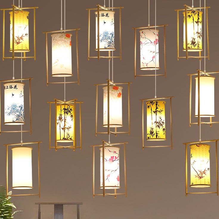 Traditionelle chinesische Bambus-PVC-Eisen-Zylinderlaterne Blumen-Vogel 1-Licht Pendelleuchte für Esszimmer 