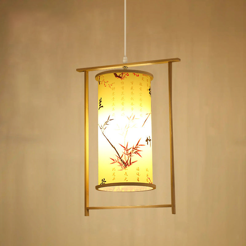 Traditionelle chinesische Bambus-PVC-Eisen-Zylinderlaterne Blumen-Vogel 1-Licht Pendelleuchte für Esszimmer 