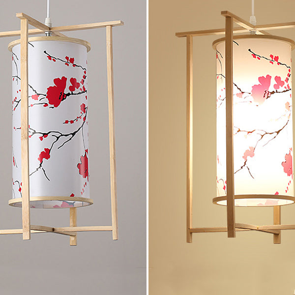 Traditionelle chinesische Bambus-PVC-Eisen-Zylinderlaterne Blumen-Vogel 1-Licht Pendelleuchte für Esszimmer 