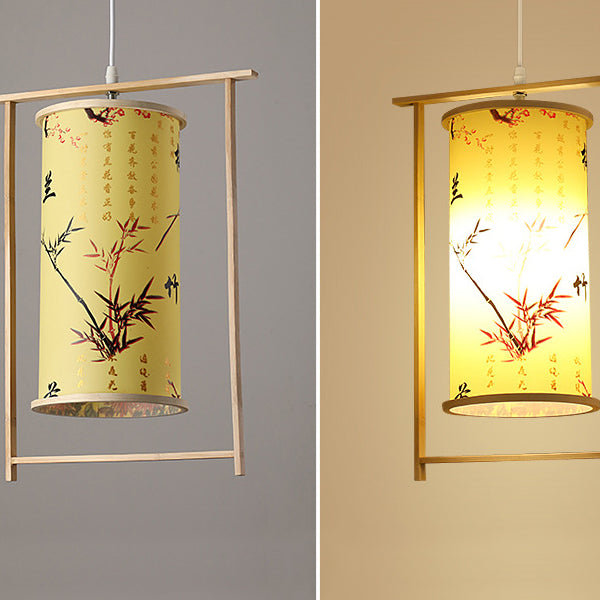 Traditionelle chinesische Bambus-PVC-Eisen-Zylinderlaterne Blumen-Vogel 1-Licht Pendelleuchte für Esszimmer 