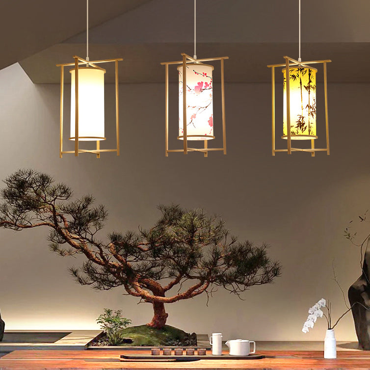 Traditionelle chinesische Bambus-PVC-Eisen-Zylinderlaterne Blumen-Vogel 1-Licht Pendelleuchte für Esszimmer 