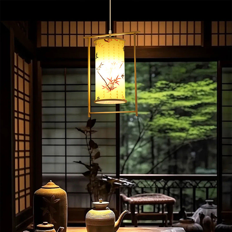 Traditionelle chinesische Bambus-PVC-Eisen-Zylinderlaterne Blumen-Vogel 1-Licht Pendelleuchte für Esszimmer 